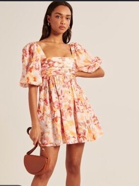 Abercrombie & Fitch Floral Puff-Sleeve Midi Dress in Cream, Rust, Mustard